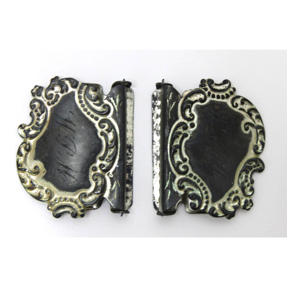 Antique Sterling Silver Suspender Clips Pair Monogram HPM Victorian Edwardian